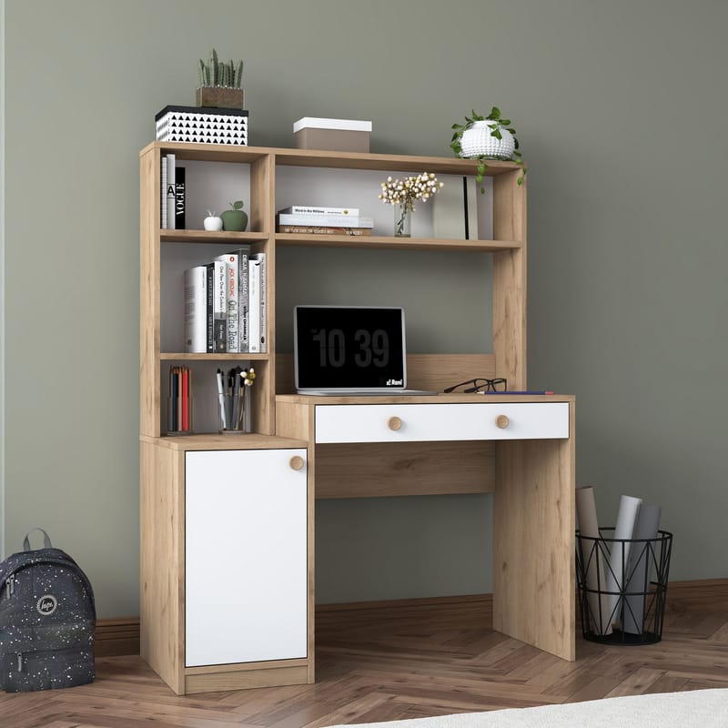 Skrivebord og bogreol Wallxpert Cleo Hylde (115 x 146 x 50 cm) Valnød hvid - Valnød og hvid - Møbler - Borde - Kontorbord - Skrivebord