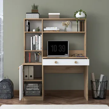 Skrivebord og bogreol Wallxpert Cleo Hylde (115 x 146 x 50 cm) Valnød hvid - Valnød og hvid - Møbler - Borde - Kontorbord - Skrivebord