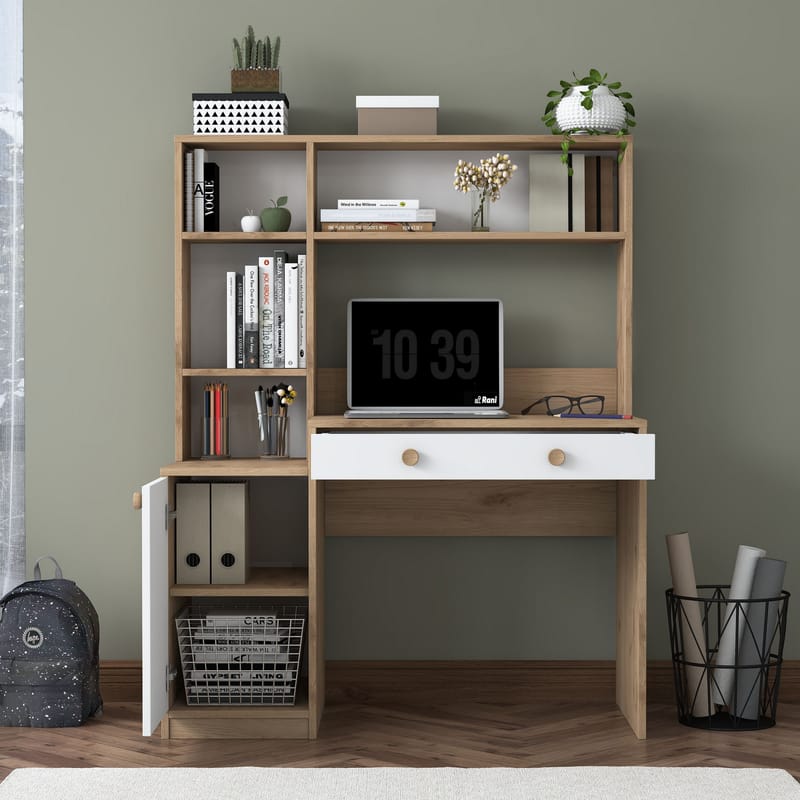 Skrivebord og bogreol Wallxpert Cleo Hylde (115 x 146 x 50 cm) Valnød hvid - Valnød og hvid - Møbler - Borde - Kontorbord - Skrivebord