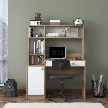Skrivebord og bogreol Wallxpert Cleo Hylde (115 x 146 x 50 cm) Valnød hvid - Valnød og hvid - Møbler - Borde - Kontorbord - Skrivebord
