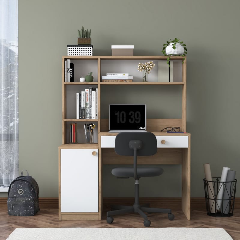 Skrivebord og bogreol Wallxpert Cleo Hylde (115 x 146 x 50 cm) Valnød hvid - Valnød og hvid - Møbler - Borde - Kontorbord - Skrivebord