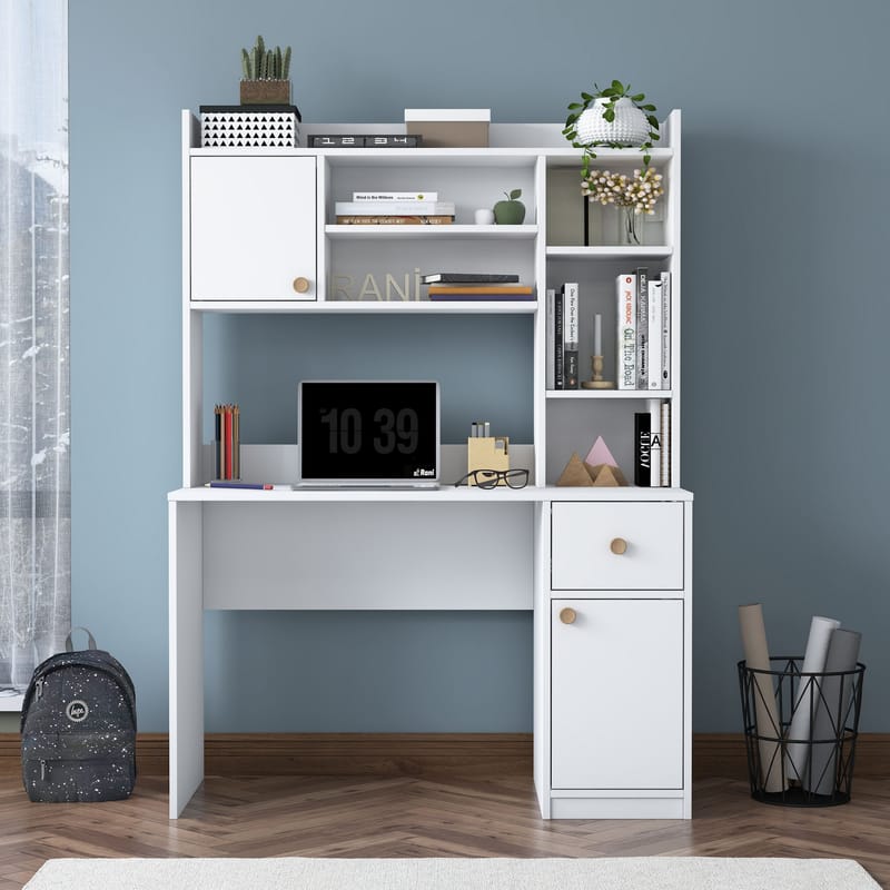 Skrivebord og bogreol Wallxpert Dara (120 x 166 x 50 cm) Hvid - Hvid - Møbler - Borde - Kontorbord - Skrivebord