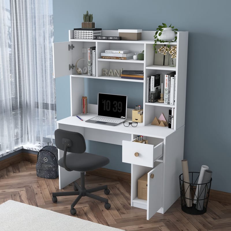 Skrivebord og bogreol Wallxpert Dara (120 x 166 x 50 cm) Hvid - Hvid - Møbler - Borde - Kontorbord - Skrivebord
