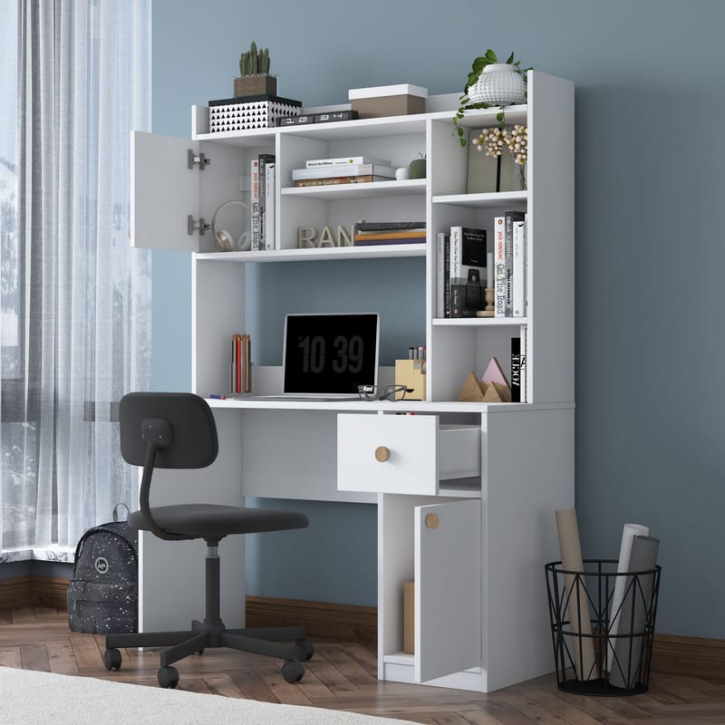 Skrivebord og bogreol Wallxpert Dara (120 x 166 x 50 cm) Hvid - Hvid - Møbler - Borde - Kontorbord - Skrivebord