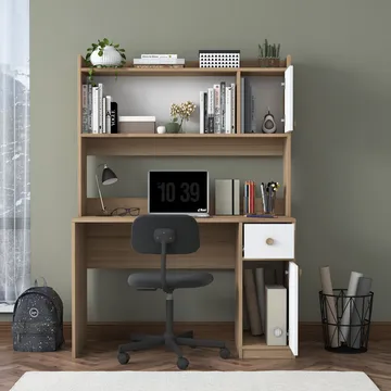 Skrivebord og bogreol Wallxpert Dara (120 x 166 x 50 cm) Valnød Hvid - Valnød og hvid - Møbler - Borde - Kontorbord - Skrivebord