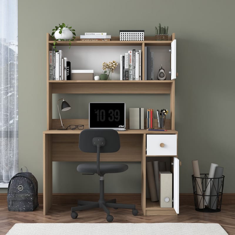 Skrivebord og bogreol Wallxpert Dara (120 x 166 x 50 cm) Valnød Hvid - Valnød og hvid - Møbler - Borde - Kontorbord - Skrivebord