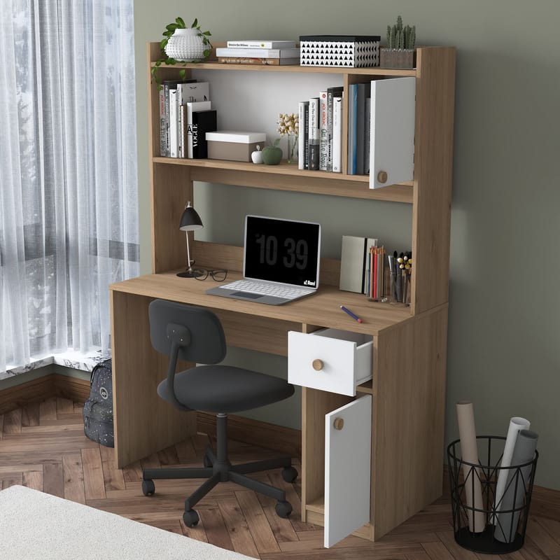 Skrivebord og bogreol Wallxpert Dara (120 x 166 x 50 cm) Valnød Hvid - Valnød og hvid - Møbler - Borde - Kontorbord - Skrivebord
