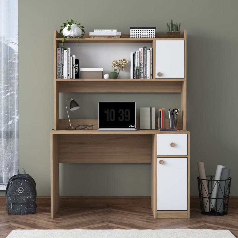 Skrivebord og bogreol Wallxpert Dara (120 x 166 x 50 cm) Valnød Hvid - Valnød og hvid - Møbler - Borde - Kontorbord - Skrivebord