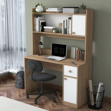 Skrivebord og bogreol Wallxpert Dara (120 x 166 x 50 cm) Valnød Hvid - Valnød og hvid - Møbler - Borde - Kontorbord - Skrivebord