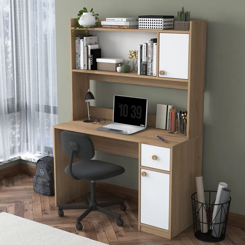 Skrivebord og bogreol Wallxpert Dara (120 x 166 x 50 cm) Valnød Hvid - Valnød og hvid - Møbler - Borde - Kontorbord - Skrivebord