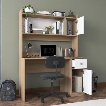 Skrivebord og bogreol Wallxpert Dara (120 x 166 x 50 cm) Valnød Hvid - Valnød og hvid - Møbler - Borde - Kontorbord - Skrivebord