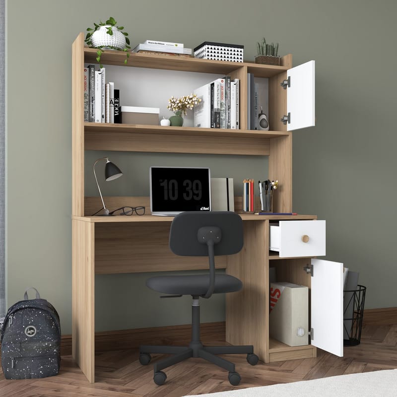 Skrivebord og bogreol Wallxpert Dara (120 x 166 x 50 cm) Valnød Hvid - Valnød og hvid - Møbler - Borde - Kontorbord - Skrivebord