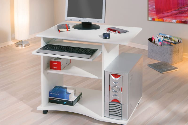 Palatia Computerbord 80 cm med Opbevaring Hylder på Hjul - Hvid - Møbler - Borde - Kontorbord - Skrivebord