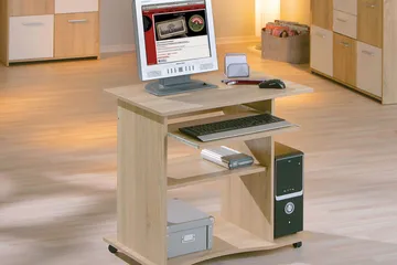 Palatia Computerbord 80 cm med Opbevaring Hylder på Hjul - Lyse Egefarvet - Møbler - Borde - Kontorbord - Skrivebord