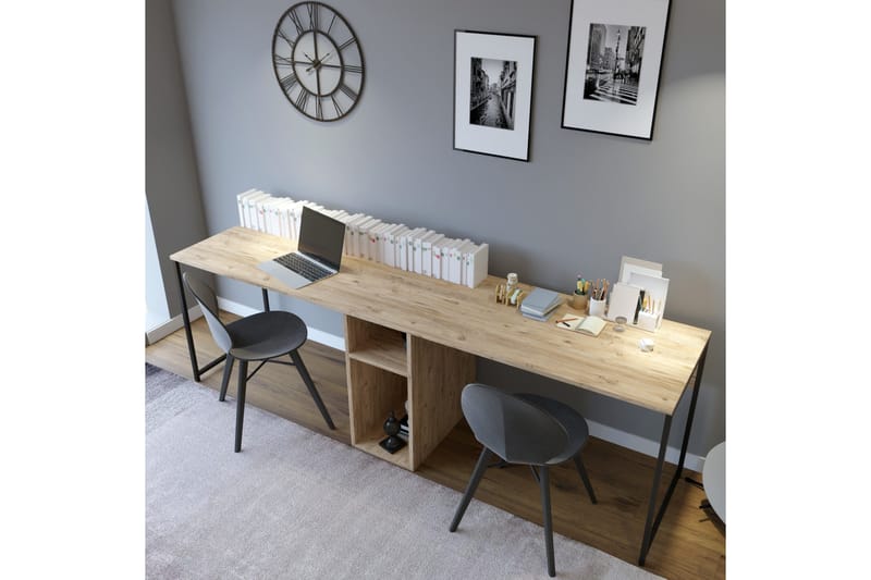 Pellafol Skrivebord 140 cm med Opbevaring Hylder - Natur/Sort - Møbler - Borde - Kontorbord - Skrivebord