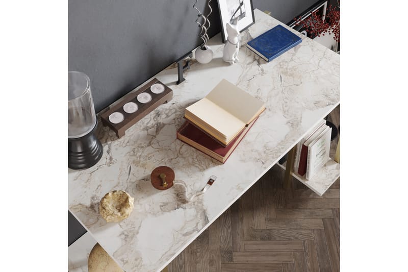 Pinnarp Skrivebord 125 cm med Opbevaring 2 Hylder Marmormøns - Hvid - Skrivebord