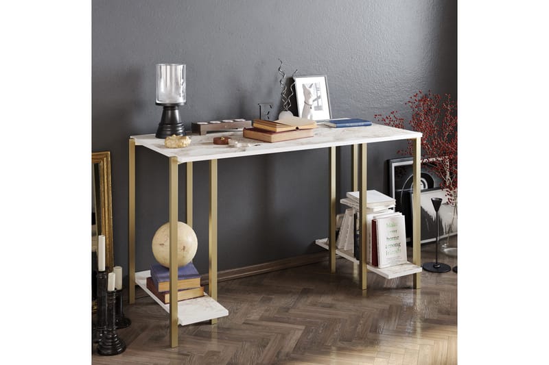 Pinnarp Skrivebord 125 cm med Opbevaring 2 Hylder Marmormøns - Hvid - Møbler - Borde - Kontorbord - Skrivebord