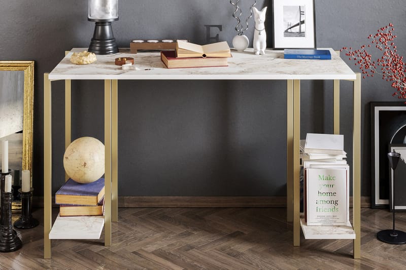 Pinnarp Skrivebord 125 cm med Opbevaring 2 Hylder Marmormøns - Hvid - Møbler - Borde - Kontorbord - Skrivebord