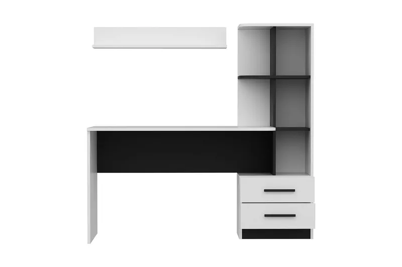 Puijas Skrivebord 120 cm med Opbevaring Skuffe+Hylder+Væghyl - Hvid/Sort - Møbler - Borde - Kontorbord - Skrivebord