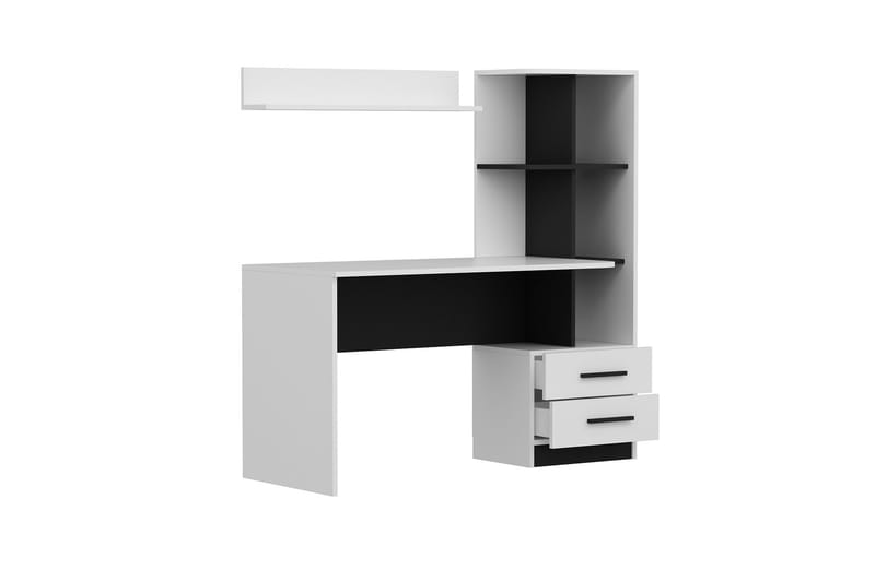 Puijas Skrivebord 120 cm med Opbevaring Skuffe+Hylder+Væghyl - Hvid/Sort - Skrivebord