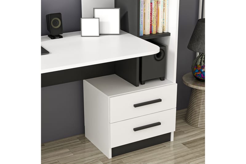 Puijas Skrivebord 120 cm med Opbevaring Skuffe+Hylder+Væghyl - Hvid/Sort - Møbler - Borde - Kontorbord - Skrivebord