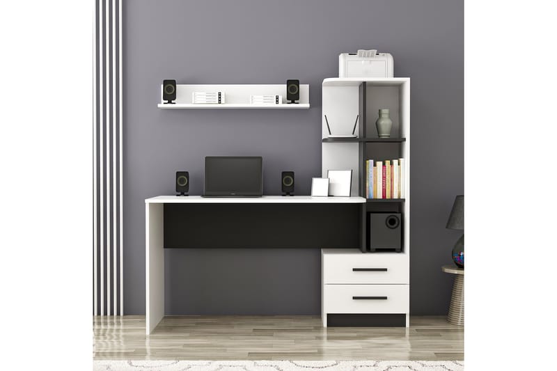 Puijas Skrivebord 120 cm med Opbevaring Skuffe+Hylder+Væghyl - Hvid/Sort - Møbler - Borde - Kontorbord - Skrivebord