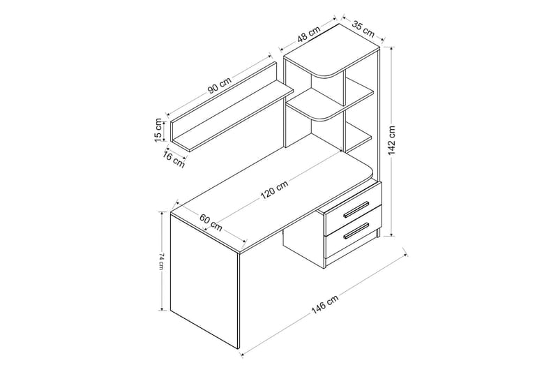 Puijas Skrivebord 120 cm med Opbevaring Skuffe+Hylder+Væghyl - Hvid/Sort - Skrivebord