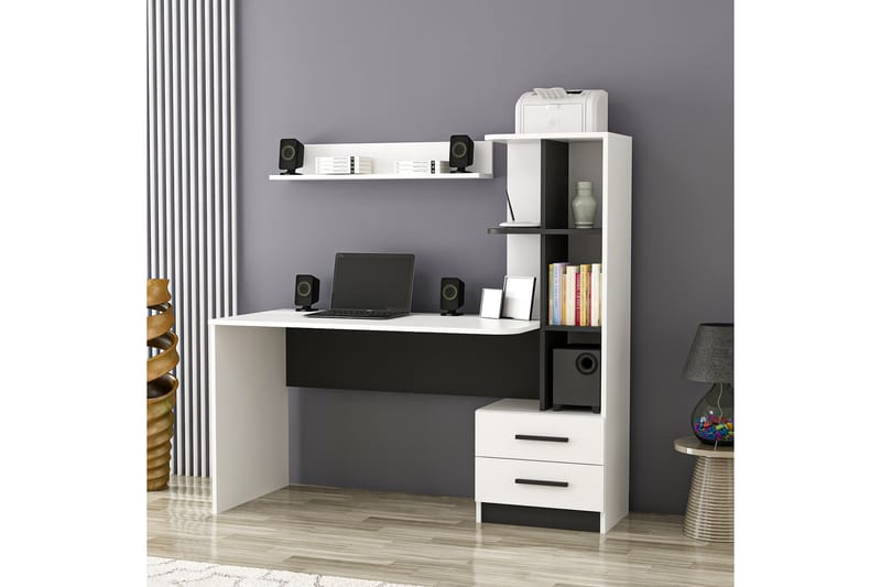 Puijas Skrivebord 120 cm med Opbevaring Skuffe+Hylder+Væghyl - Hvid/Sort - Skrivebord