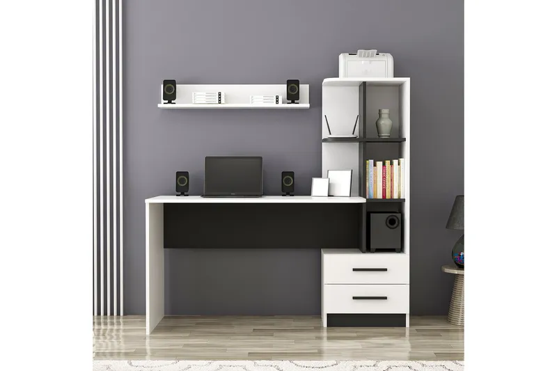 Puijas Skrivebord 120 cm med Opbevaring Skuffe+Hylder+Væghyl, Hvid/Sort