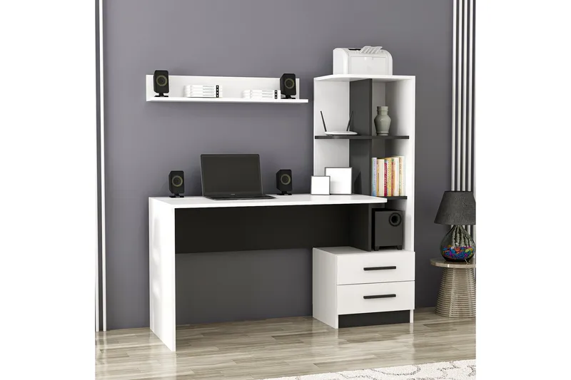 Puijas Skrivebord 120 cm med Opbevaring Skuffe+Hylder+Væghyl - Hvid/Sort - Møbler - Borde - Kontorbord - Skrivebord