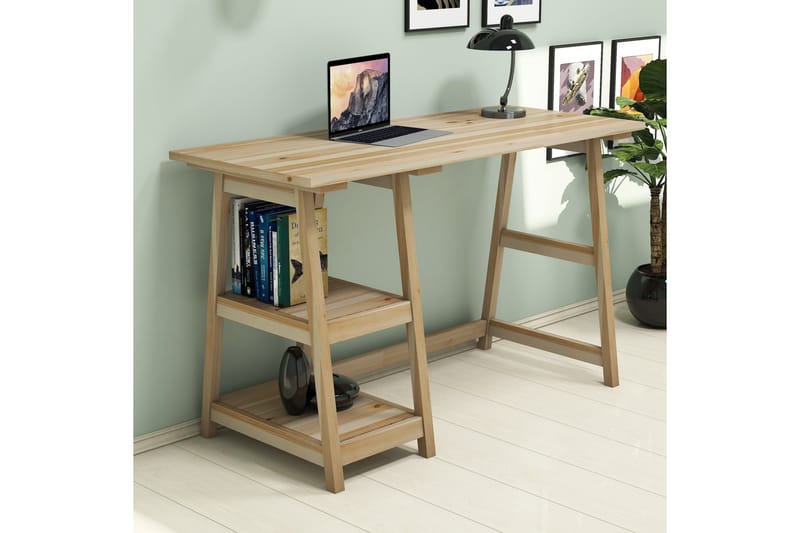 Puqa Design Skrivebord 120 cm med Opbevaring 2 Hylder - Lyst Træ - Skrivebord