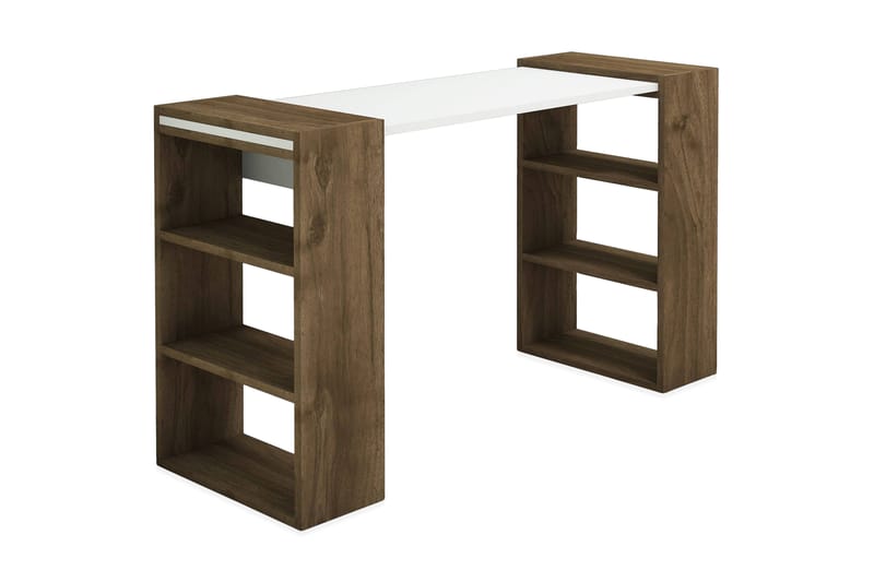 Puqa Design Skrivebord 124 cm med Opbevaring Hylder - Valnøddebrun/Hvid - Skrivebord