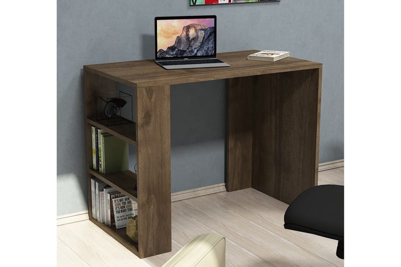 Puqa Design Skrivebord 90 cm med Opbevaring Hylder - Valnøddebrun - Skrivebord