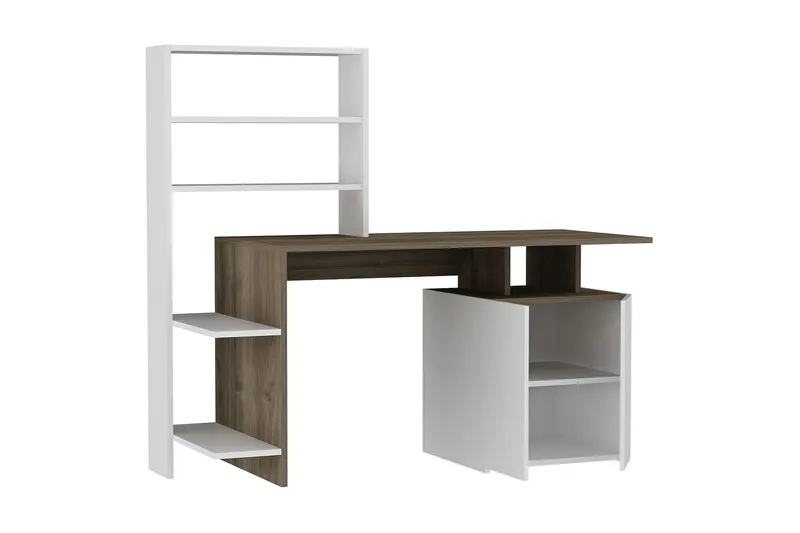 Raymer Skrivebord 146 cm med Opbevaring Hylder + Skab - Valnøddebrun/Hvid - Møbler - Borde - Kontorbord - Skrivebord