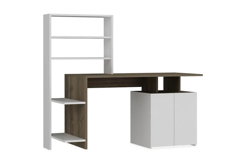 Raymer Skrivebord 146 cm med Opbevaring Hylder + Skab, Valnøddebrun/Hvid