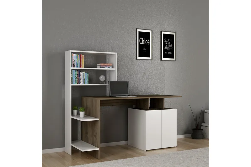 Raymer Skrivebord 146 cm med Opbevaring Hylder + Skab - Valnøddebrun/Hvid - Møbler - Borde - Kontorbord - Skrivebord