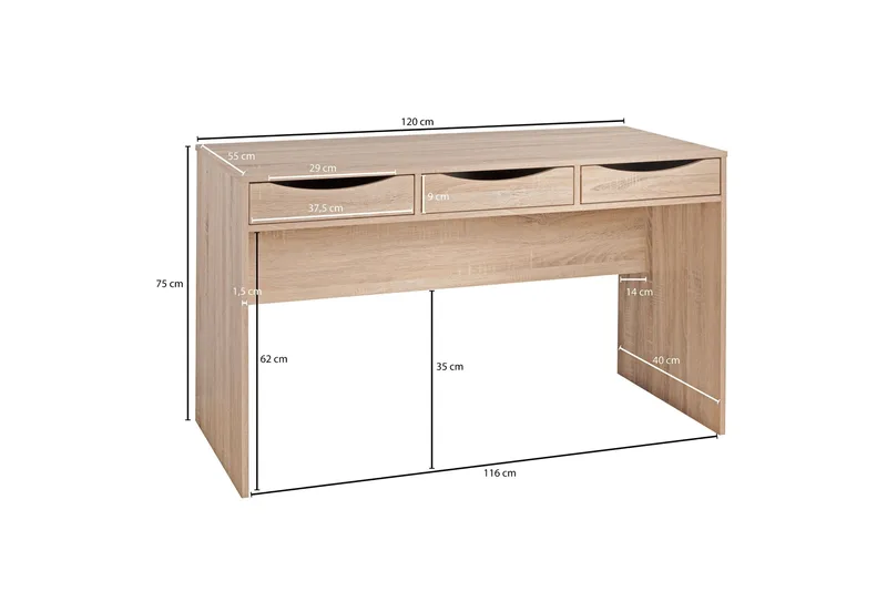 Ryea Skrivebord 120 cm med Opbevaring 3 Skuffer - Natur - Møbler - Borde - Kontorbord - Skrivebord