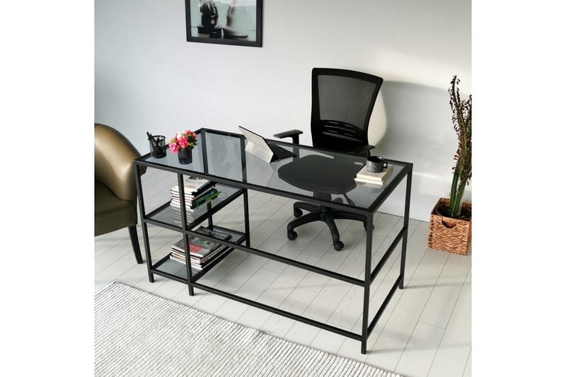 Sabani Skrivebord 130 cm med Opbevaring 2 Hylder - Glas/Røgfarvet/Sort - Skrivebord