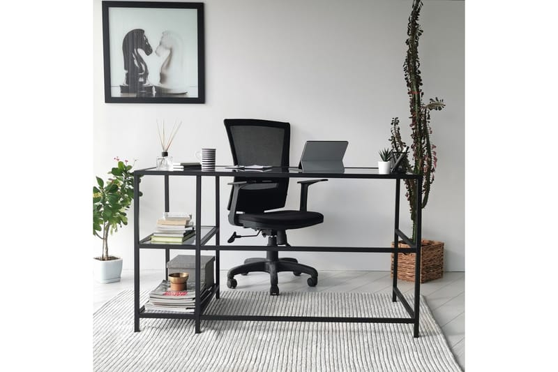 Sabani Skrivebord 130 cm med Opbevaring 2 Hylder - Glas/Røgfarvet/Sort - Møbler - Borde - Kontorbord - Skrivebord