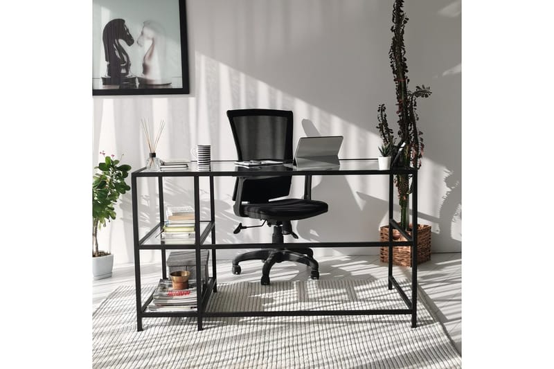 Sabani Skrivebord 130 cm med Opbevaring 2 Hylder - Glas/Sort - Møbler - Borde - Kontorbord - Skrivebord