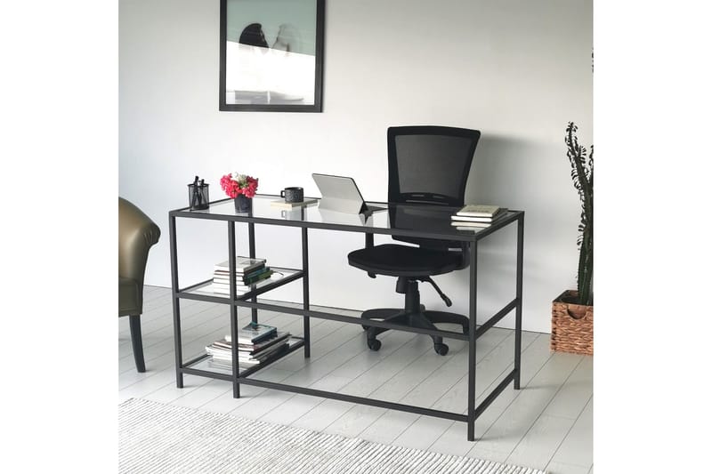 Sabani Skrivebord 130 cm med Opbevaring 2 Hylder - Glas/Sort - Møbler - Borde - Kontorbord - Skrivebord