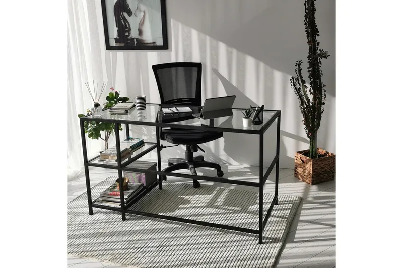 Sabani Skrivebord 130 cm med Opbevaring 2 Hylder - Glas/Sort - Møbler - Borde - Kontorbord - Skrivebord