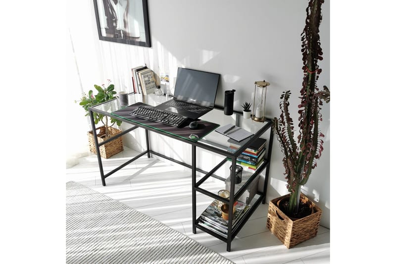 Sabani Skrivebord 130 cm med Opbevaring 2 Hylder - Glas/Sort - Møbler - Borde - Kontorbord - Skrivebord