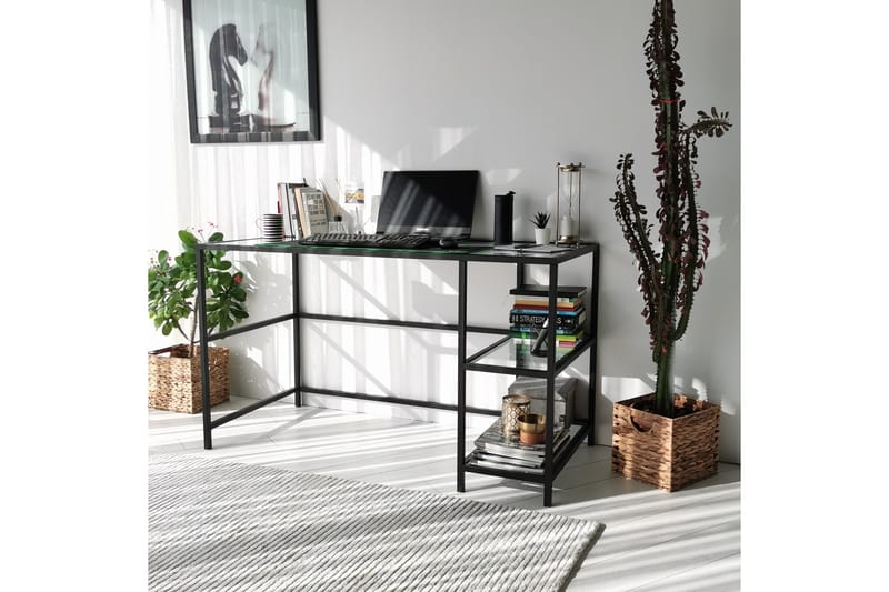 Sabani Skrivebord 130 cm med Opbevaring 2 Hylder - Glas/Sort - Møbler - Borde - Kontorbord - Skrivebord