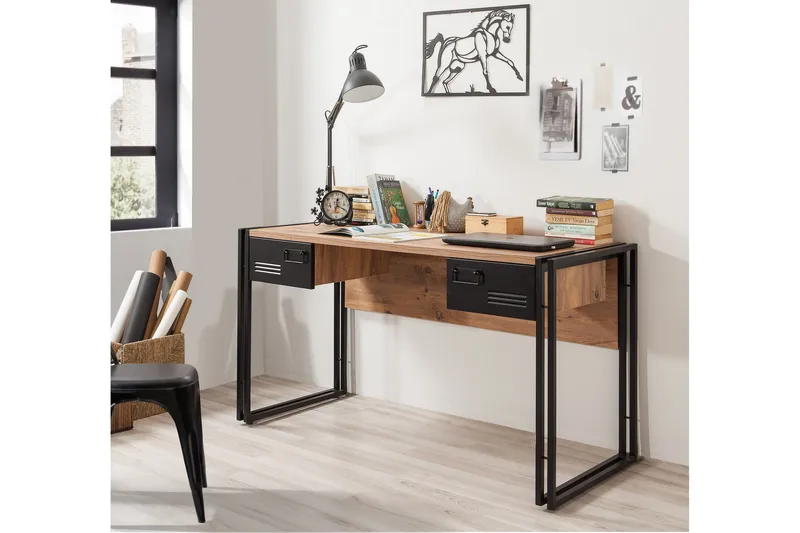 Sapphira Skrivebord 139 cm med Opbevaring 2 Skuffer - Træ/Sort - Møbler - Borde - Kontorbord - Skrivebord