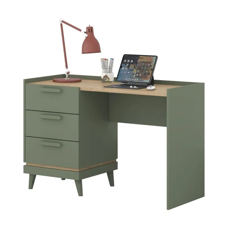 Skrivebord Scandi med 3 skuffer - Falmet grøn - Oliebehandlet eg - Møbler - Borde - Kontorbord - Skrivebord