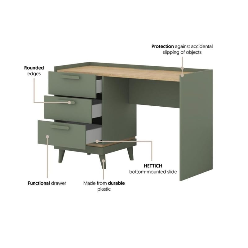 Skrivebord Scandi med 3 skuffer - Falmet grøn - Oliebehandlet eg - Møbler - Borde - Kontorbord - Skrivebord