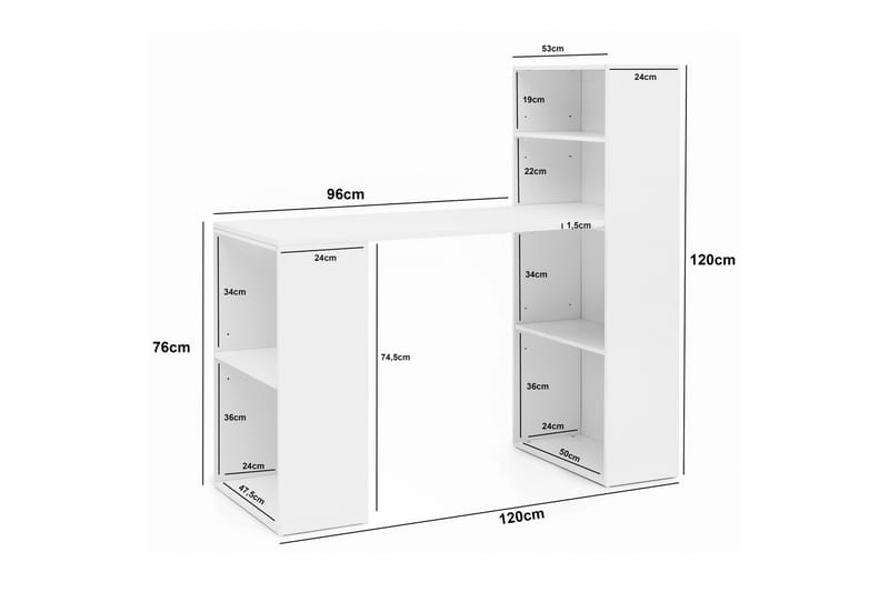 Shuping Skrivebord 120 cm med Opbevaring Hylder - Hvid - Skrivebord