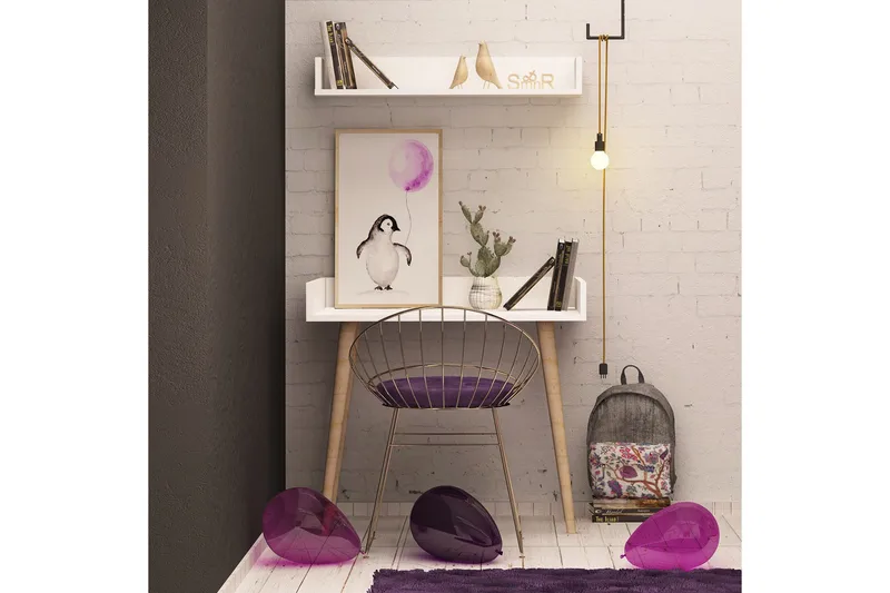 Skaberg Skrivebord 90 cm med Opbevaring Væghylde - Hvid/Natur - Møbler - Borde - Kontorbord - Skrivebord