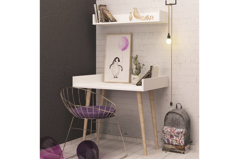 Skaberg Skrivebord 90 cm med Opbevaring Væghylde - Hvid/Natur - Møbler - Borde - Kontorbord - Skrivebord